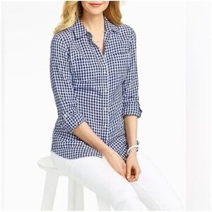 Talbots 100% Linen Gingham blue and white button down shirt medium